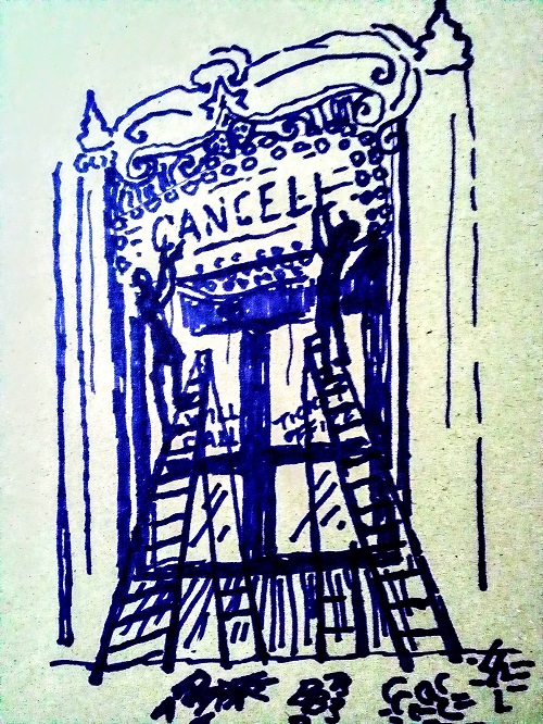 People on ladders writing CANCELLED on the marque
