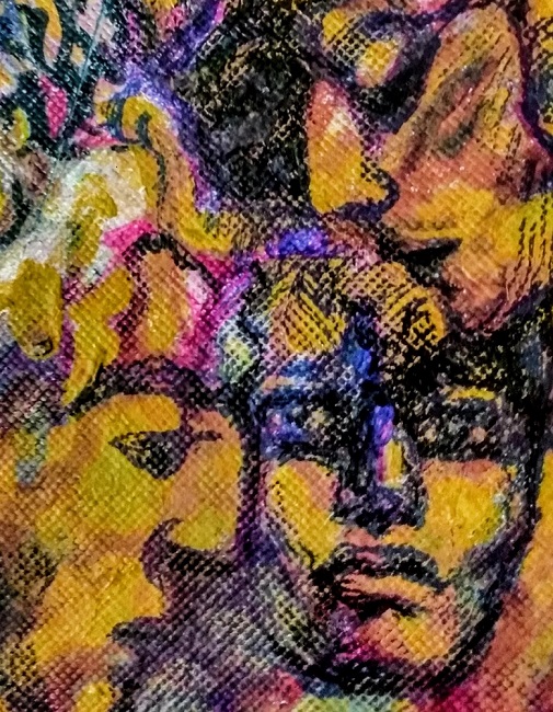 drawing of 3 solemn faces and splashed colors, especially yellow-orange, pink, and electric blue