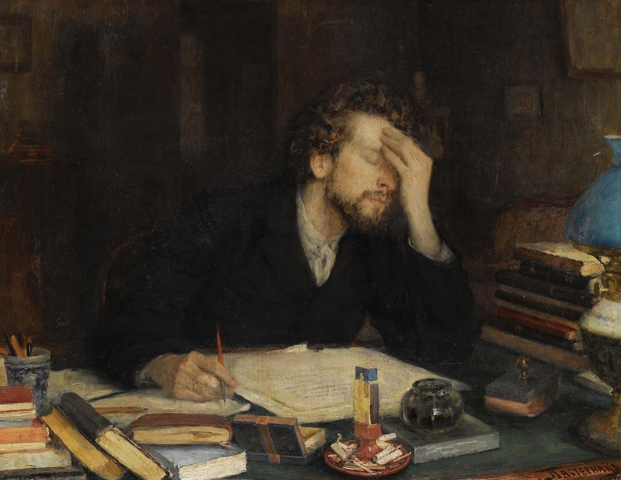 Russian post-impressionist painting of a man in his study, holding his head in frustration