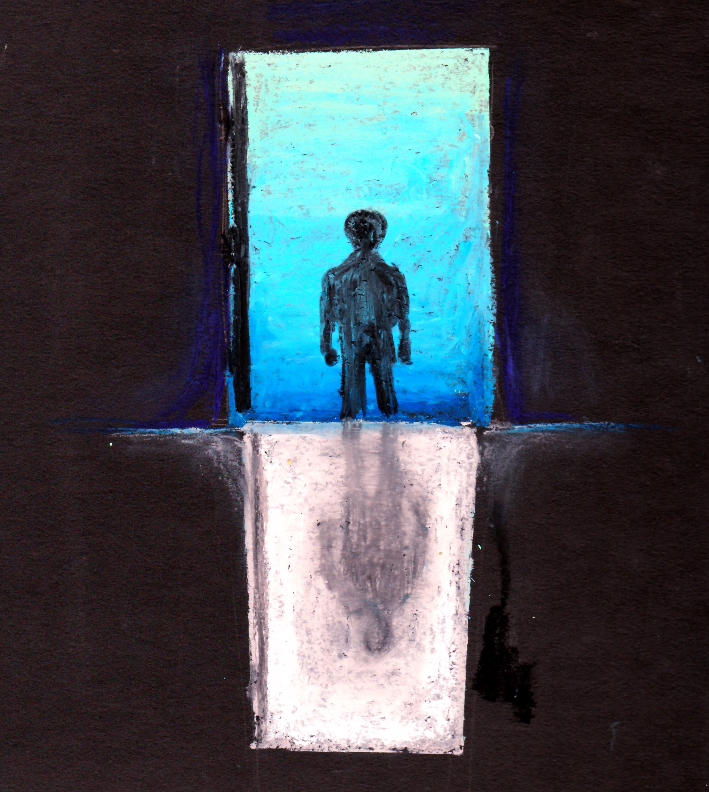 drawing of a person walking out a door way with light shining in casting a shadow