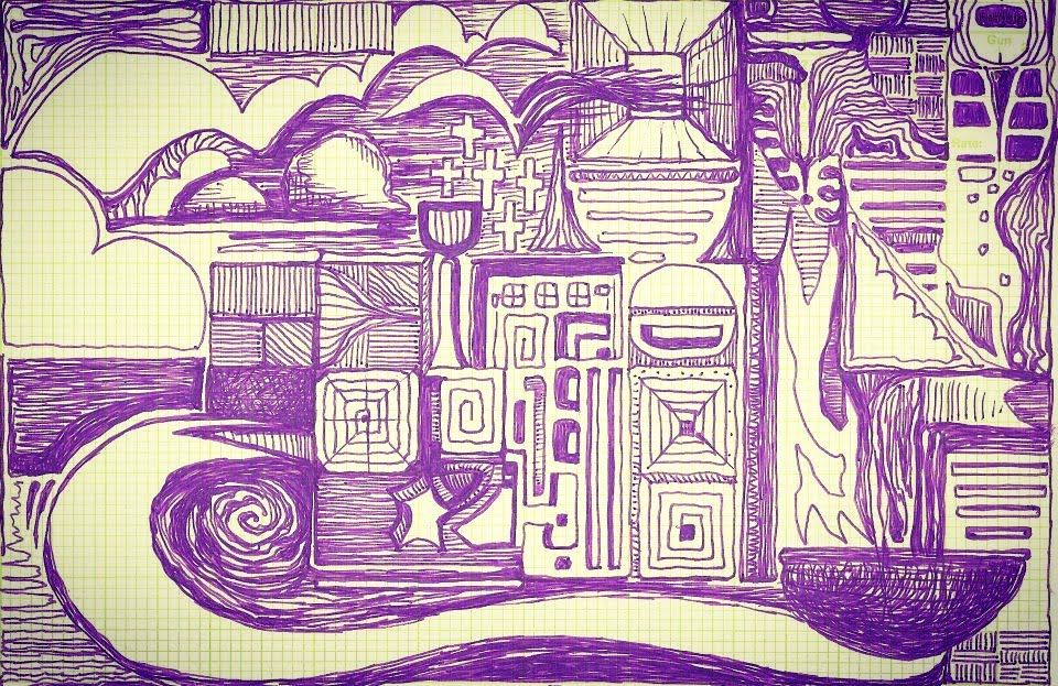 Blue pen-and-ink drawing of busy shapes